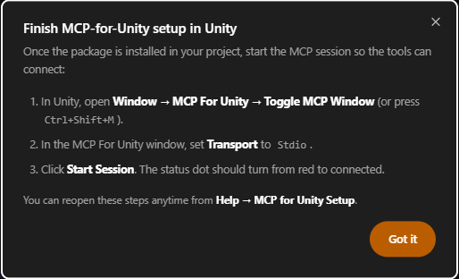 Finish MCP-for-Unity setup dialog: toggle the MCP window, set Transport to Stdio, and click Start Session