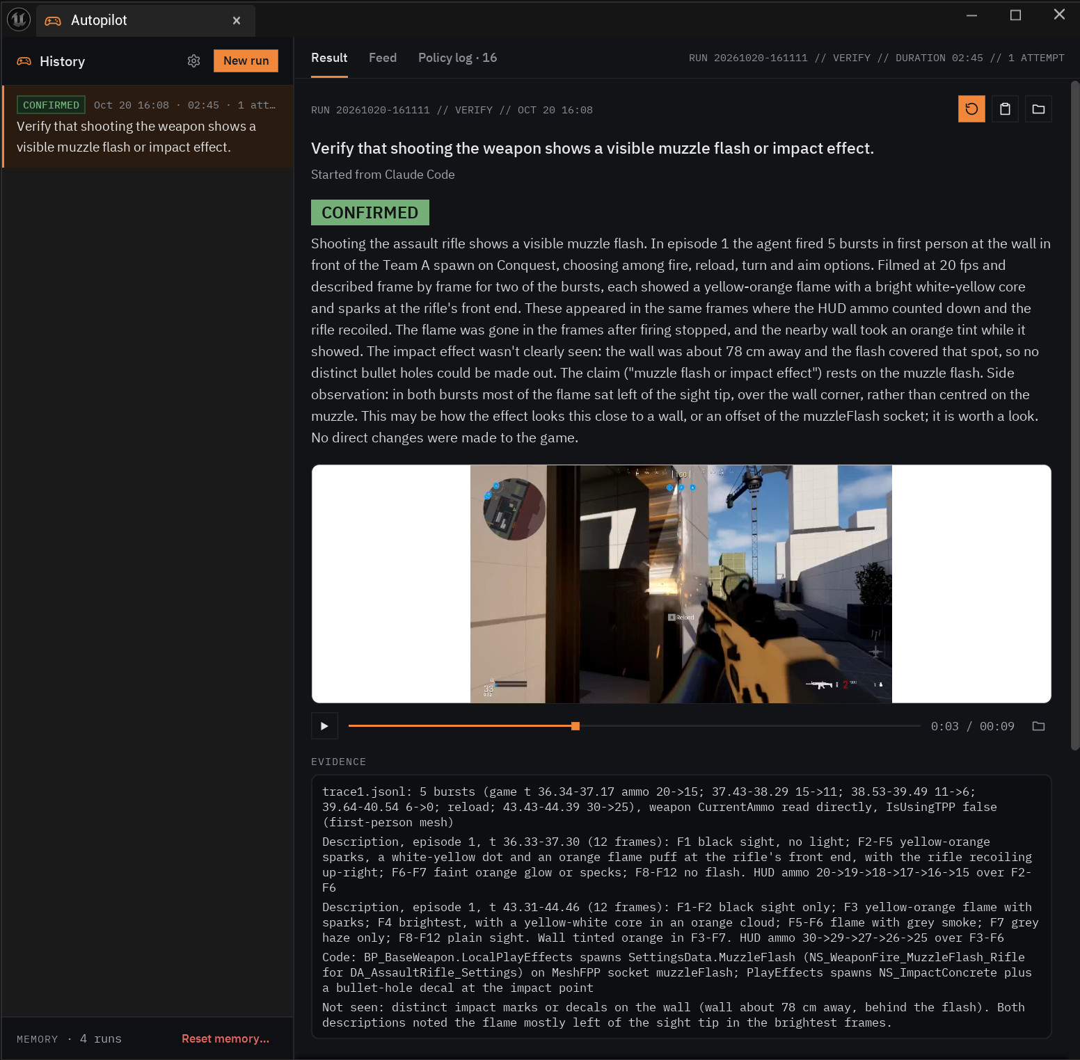 Autopilot playing a first-person shooter and verifying a visual feature.