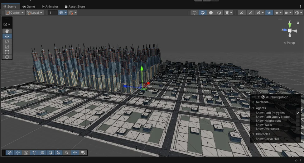 The city level that workflow produced in the Unity scene view